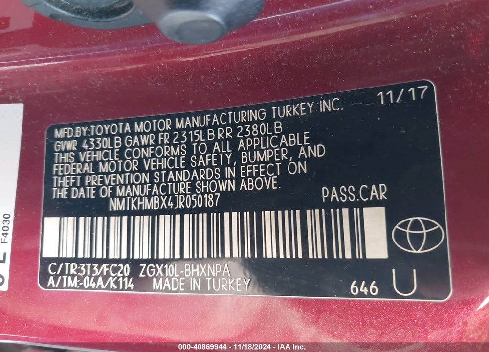 2018 TOYOTA C-HR XLE PREMIUM VIN: NMTKHMBX4JR050187