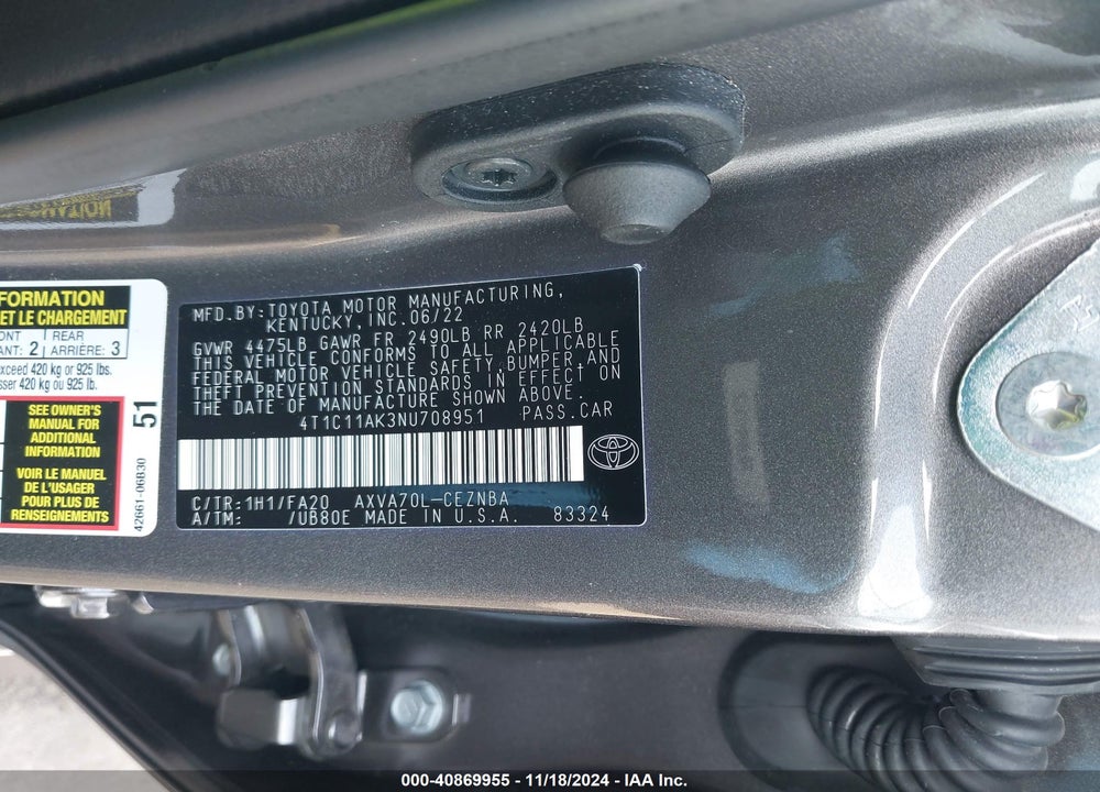 2022 TOYOTA CAMRY VIN: 4T1C11AK3NU708951