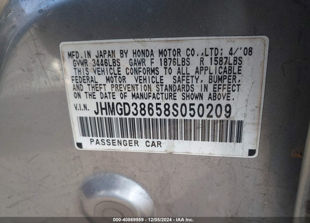 2008 HONDA FIT SPORT VIN: JHMGD38658S050209