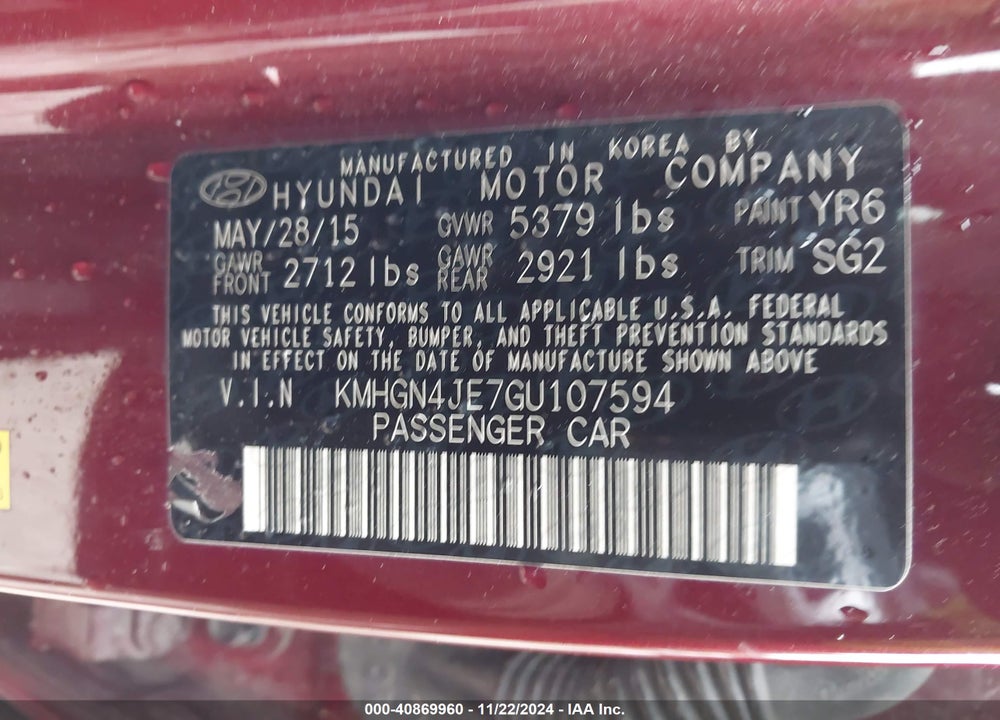 2016 HYUNDAI GENESIS 3.8 VIN: KMHGN4JE7GU107594