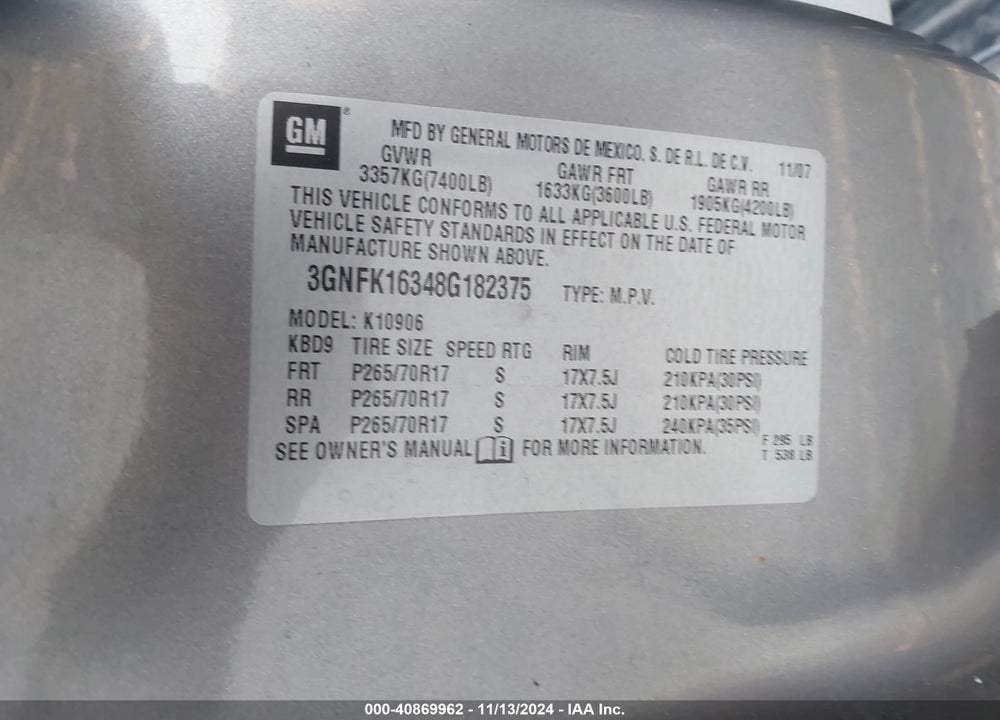 2008 CHEVROLET SUBURBAN 1500 LT VIN: 3GNFK16348G182375