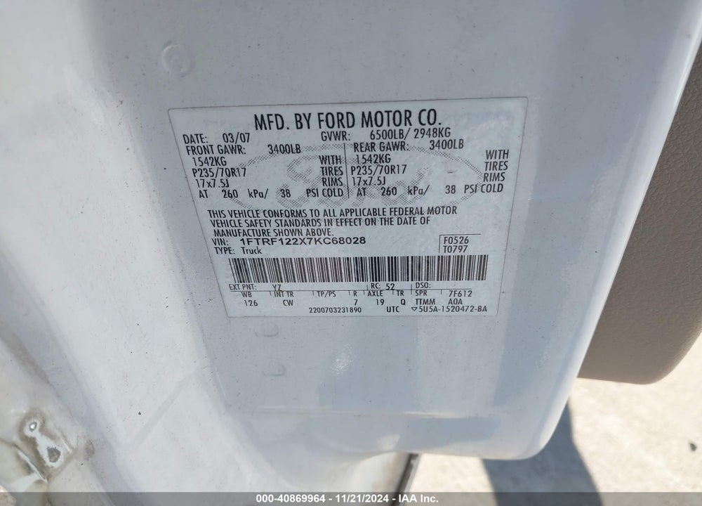 2007 FORD F-150 STX/XL/XLT VIN: 1FTRF122X7KC68028