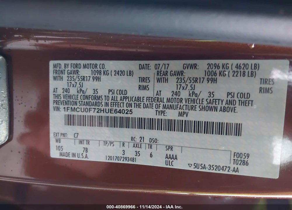 2017 FORD ESCAPE S VIN: 1FMCU0F72HUE64025