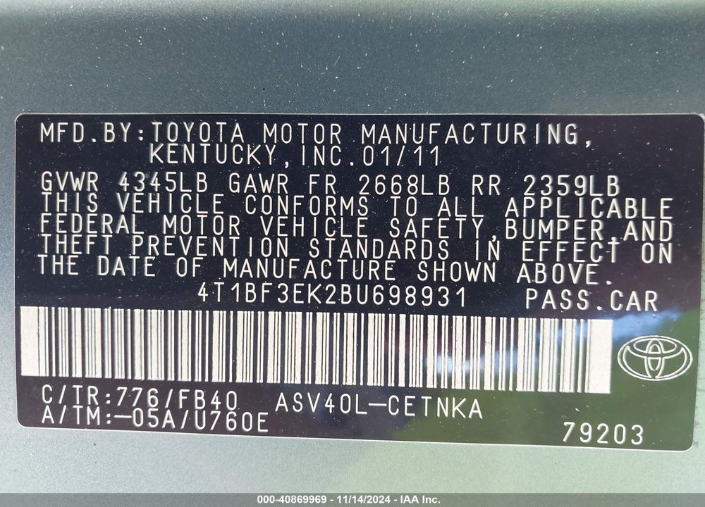 2011 TOYOTA CAMRY LE VIN: 4T1BF3EK2BU698931