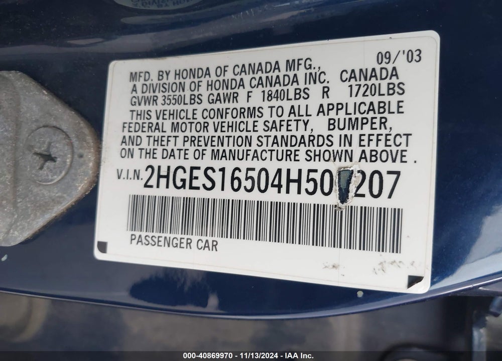 2004 HONDA CIVIC LX VIN: 2HGES16504H501207