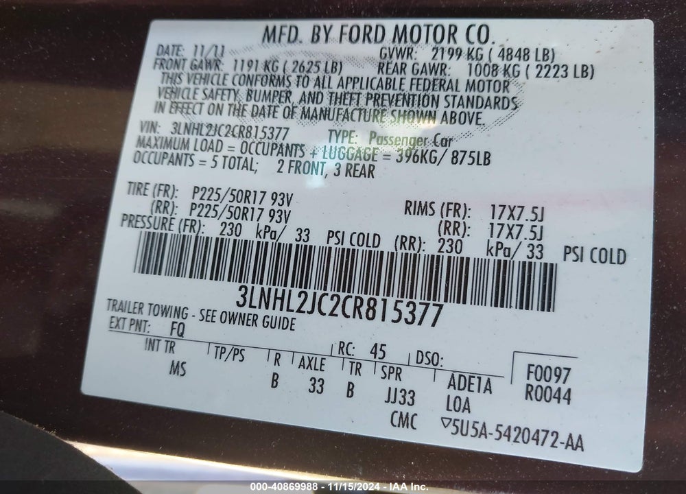 2012 LINCOLN MKZ VIN: 3LNHL2JC2CR815377