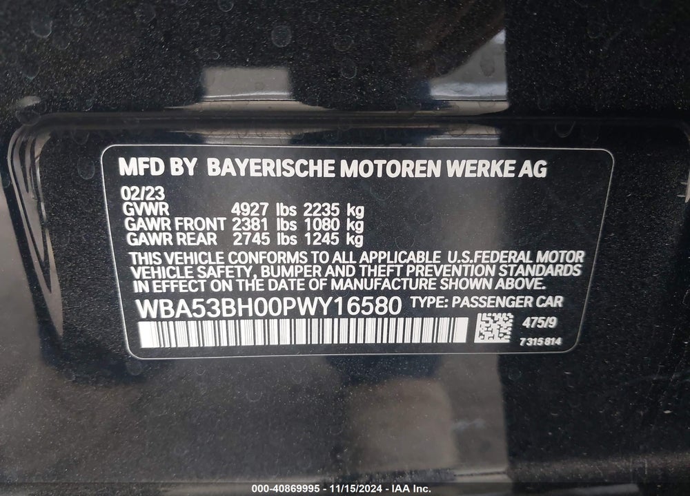 2023 BMW 530 I VIN: WBA53BH00PWY16580