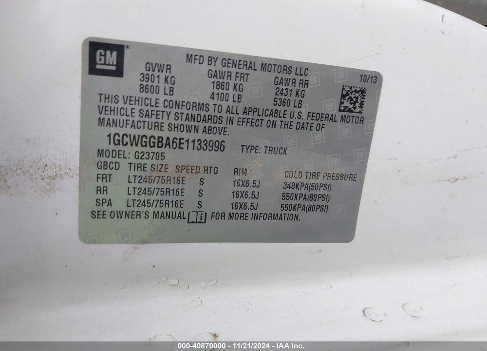 2014 CHEVROLET EXPRESS 2500 WORK VAN VIN: 1GCWGGBA6E1133996