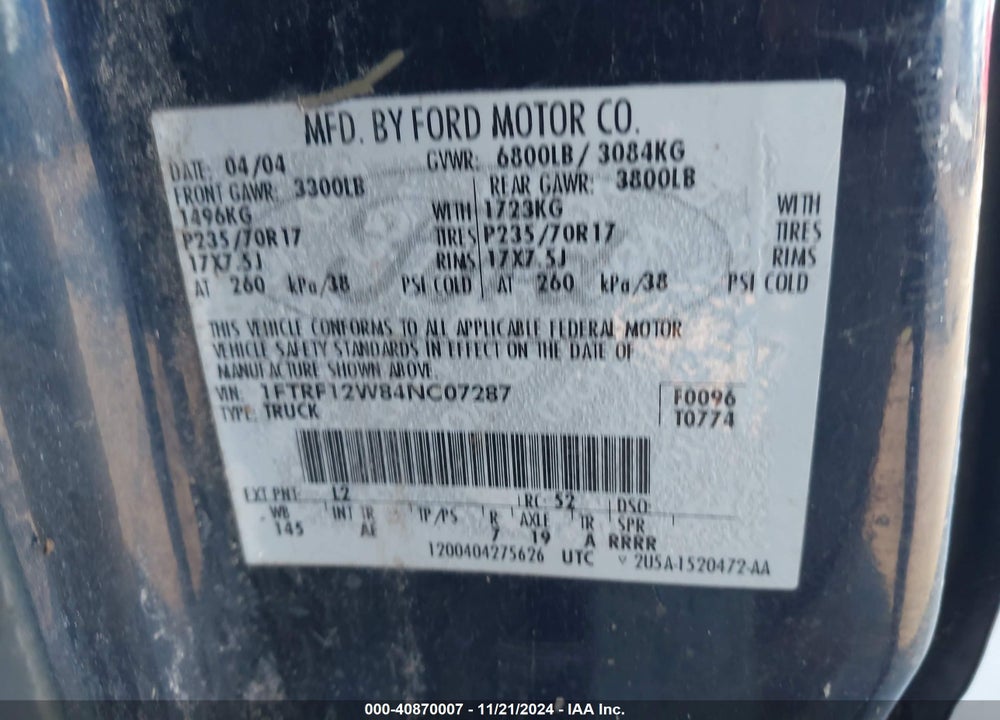 2004 FORD F-150 STX/XL/XLT VIN: 1FTRF12W84NC07287