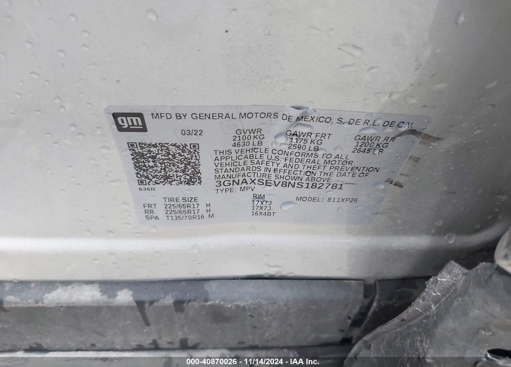 2022 CHEVROLET EQUINOX AWD LS VIN: 3GNAXSEV8NS182781