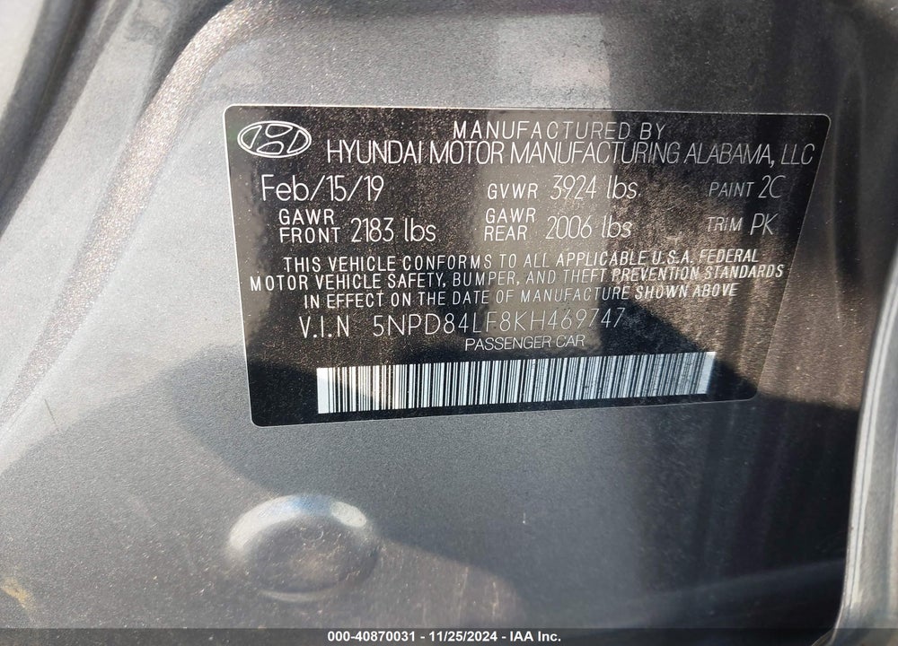 2019 HYUNDAI ELANTRA SEL VIN: 5NPD84LF8KH469747
