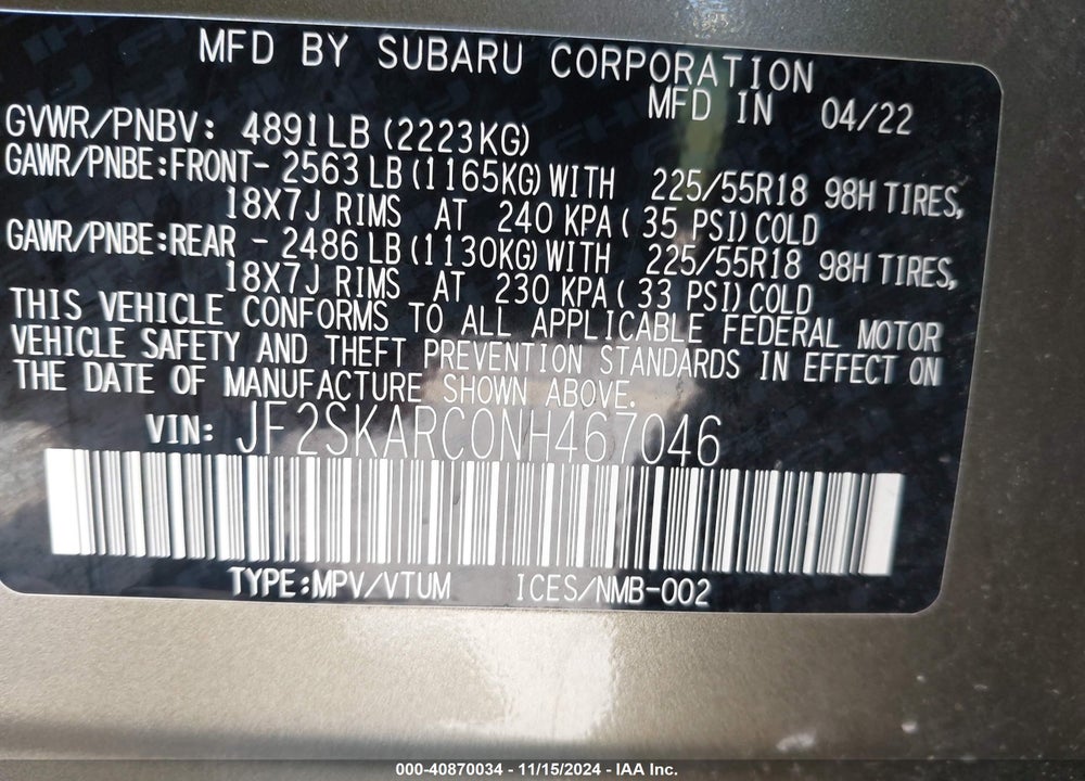 2022 SUBARU FORESTER TOURING VIN: JF2SKARC0NH467046