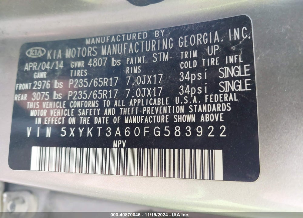 2015 KIA SORENTO LX VIN: 5XYKT3A60FG583922