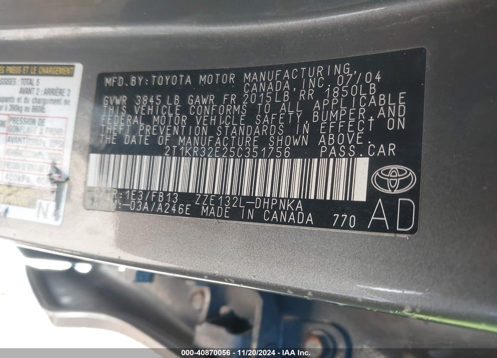 2005 TOYOTA MATRIX/XR VIN: 2T1KR32E25C351756