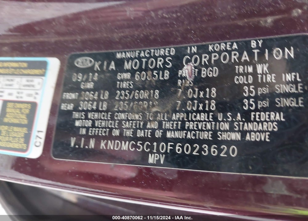 2015 KIA SEDONA EX VIN: KNDMC5C10F6023620