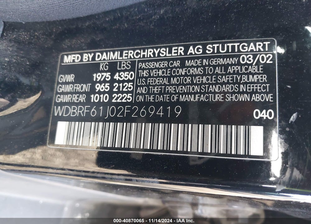 2002 MERCEDES-BENZ C 240 VIN: WDBRF61J02F269419