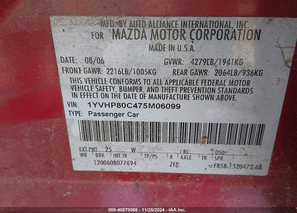 2007 MAZDA 6 I SPORT VE VIN: 1YVHP80C475M06099