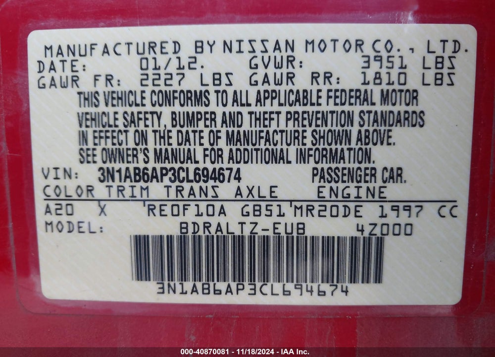 2012 NISSAN SENTRA 2.0 SR VIN: 3N1AB6AP3CL694674