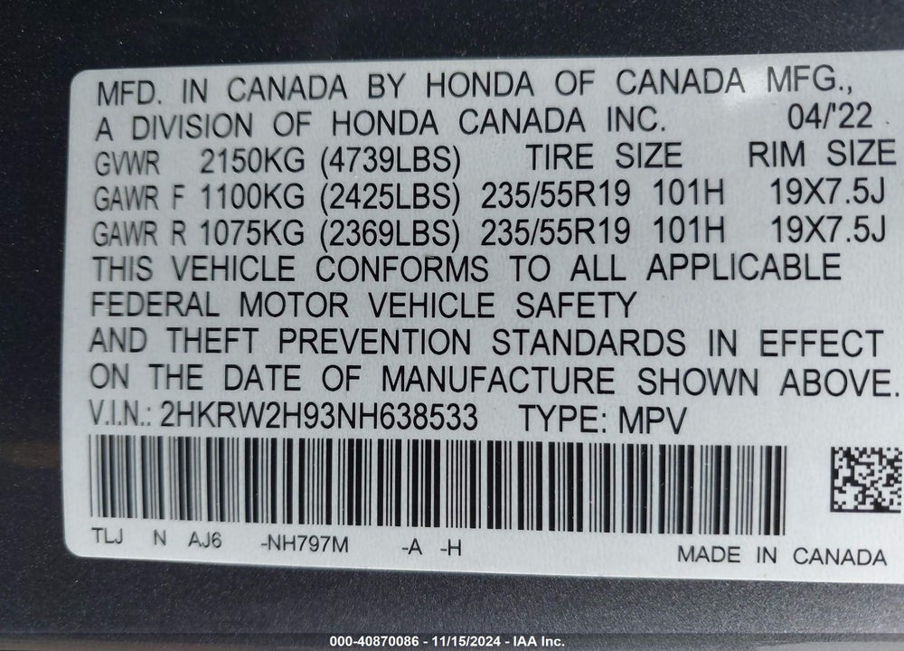 2022 HONDA CR-V AWD TOURING VIN: 2HKRW2H93NH638533