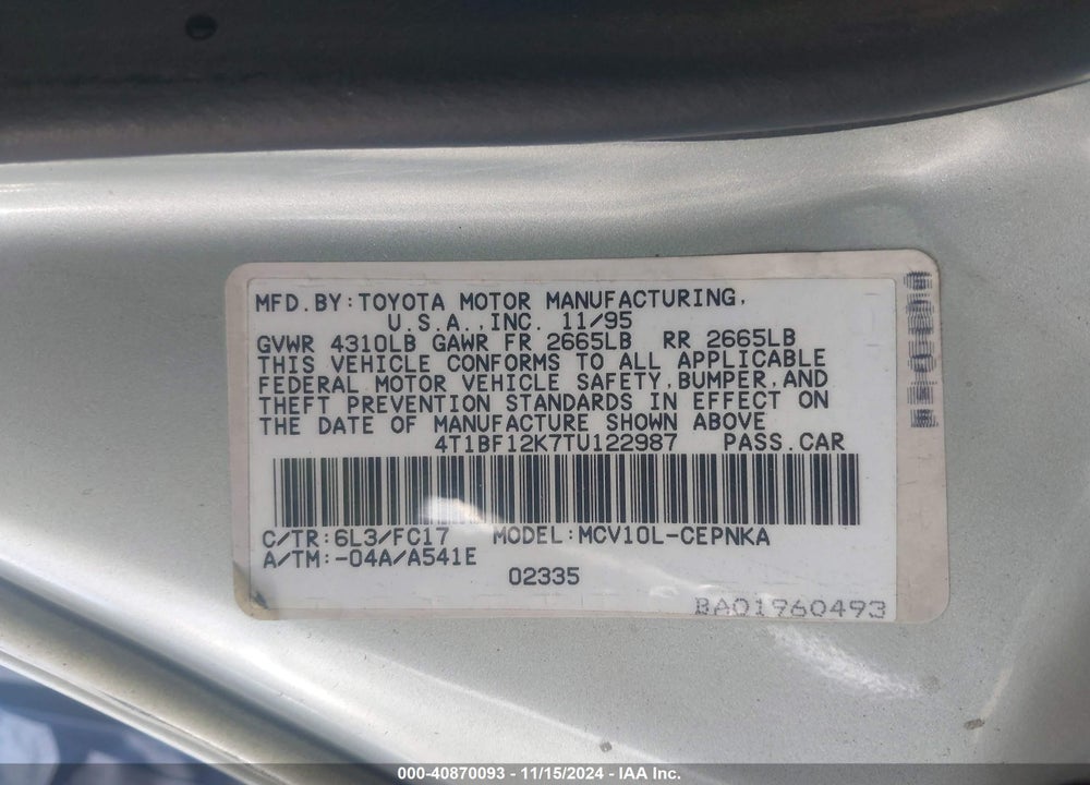 1996 TOYOTA CAMRY LE/XLE/SE VIN: 4T1BF12K7TU122987