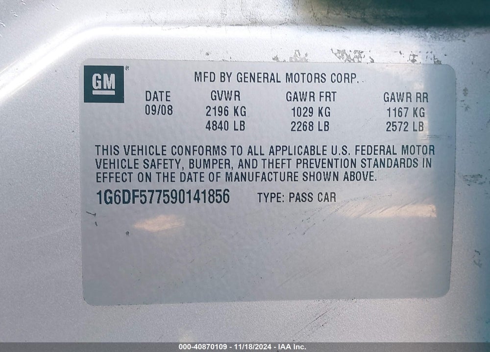 2009 CADILLAC CTS STANDARD VIN: 1G6DF577590141856