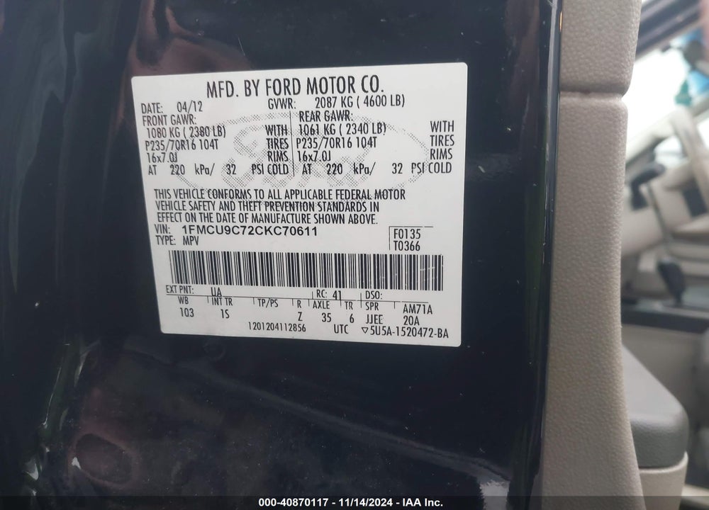 2012 FORD ESCAPE XLS VIN: 1FMCU9C72CKC70611