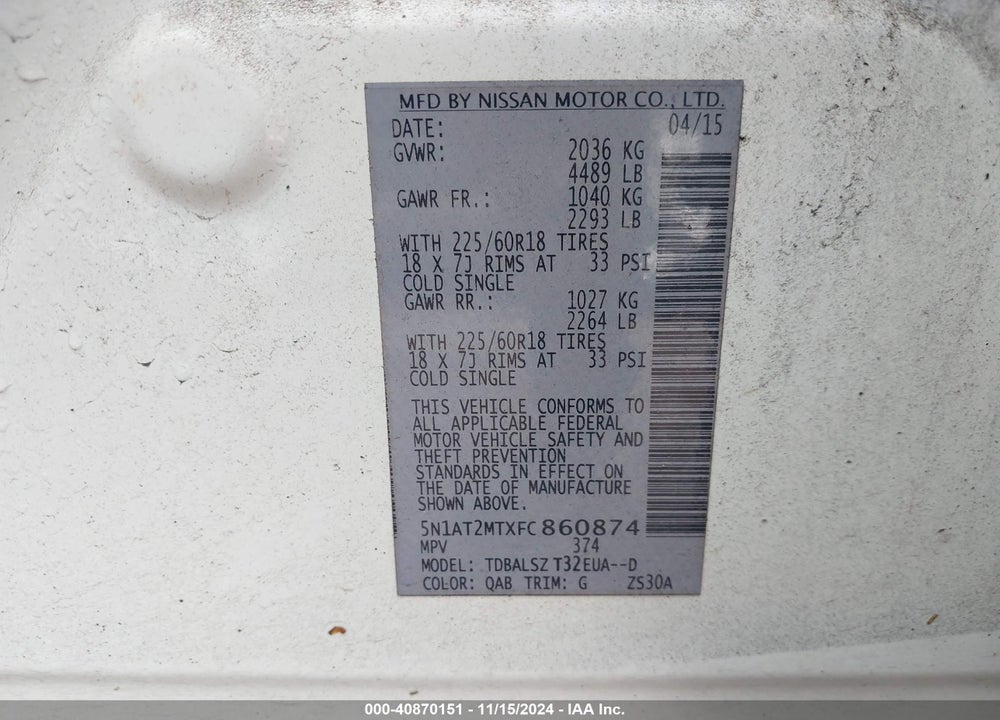 2015 NISSAN ROGUE SL VIN: 5N1AT2MTXFC860874