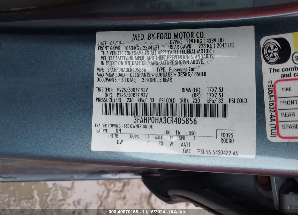 2012 FORD FUSION SE VIN: 3FAHP0HA3CR405856