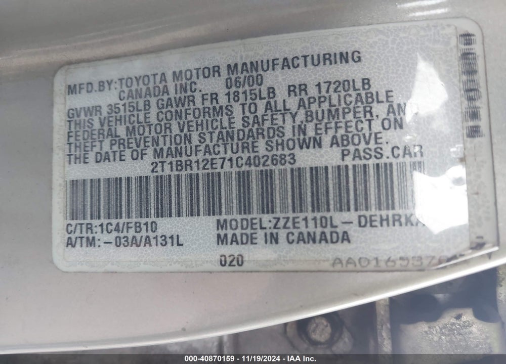 2001 TOYOTA COROLLA CE VIN: 2T1BR12E71C402683