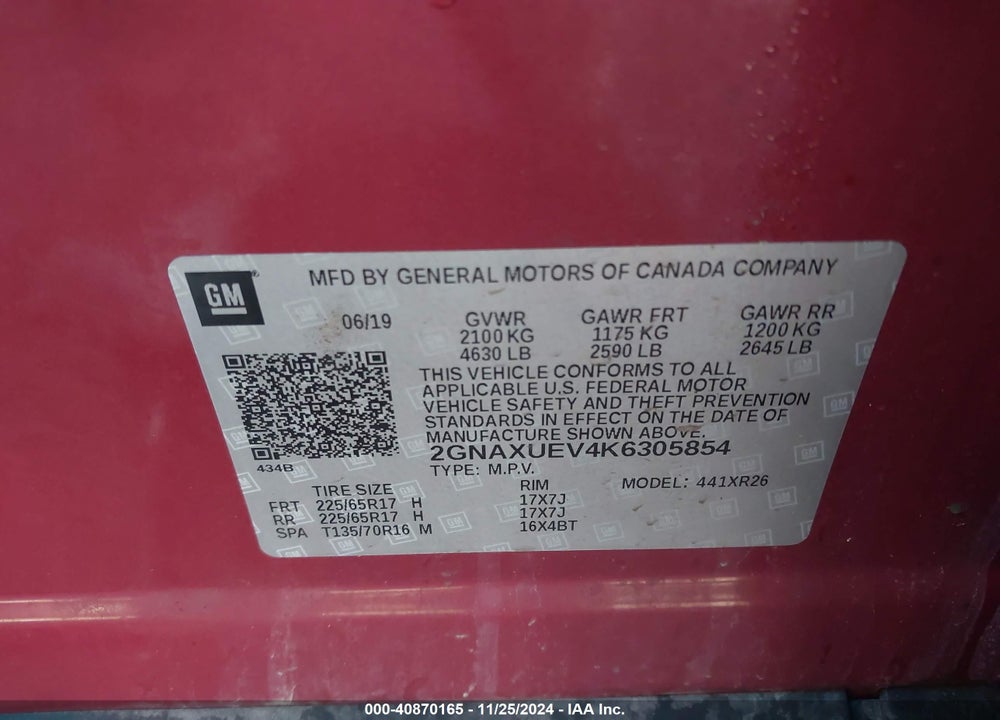 2019 CHEVROLET EQUINOX LT VIN: 2GNAXUEV4K6305854