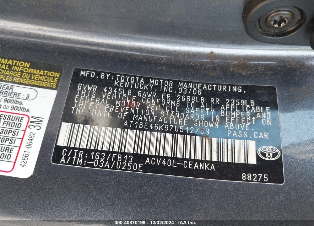 2007 TOYOTA CAMRY VIN: 4T1BE46K97U512753