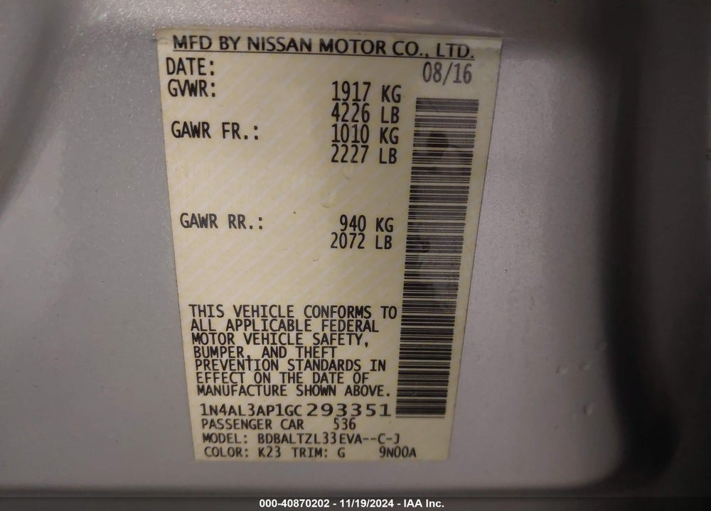 2016 NISSAN ALTIMA 2.5 SL VIN: 1N4AL3AP1GC293351