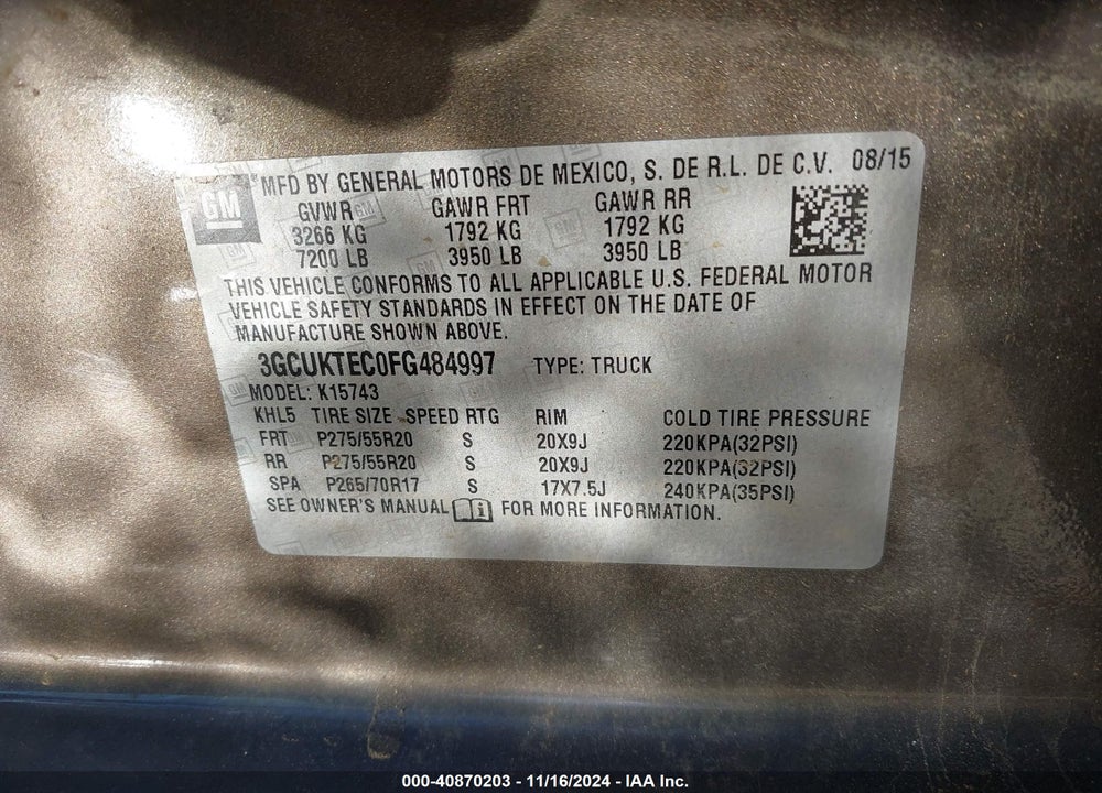 2015 CHEVROLET SILVERADO 1500 HIGH COUNTRY VIN: 3GCUKTEC0FG484997
