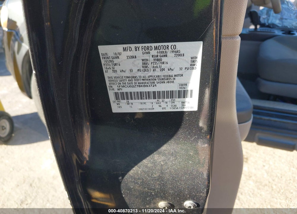 2008 FORD ESCAPE XLS VIN: 1FMCU02Z78KB93725