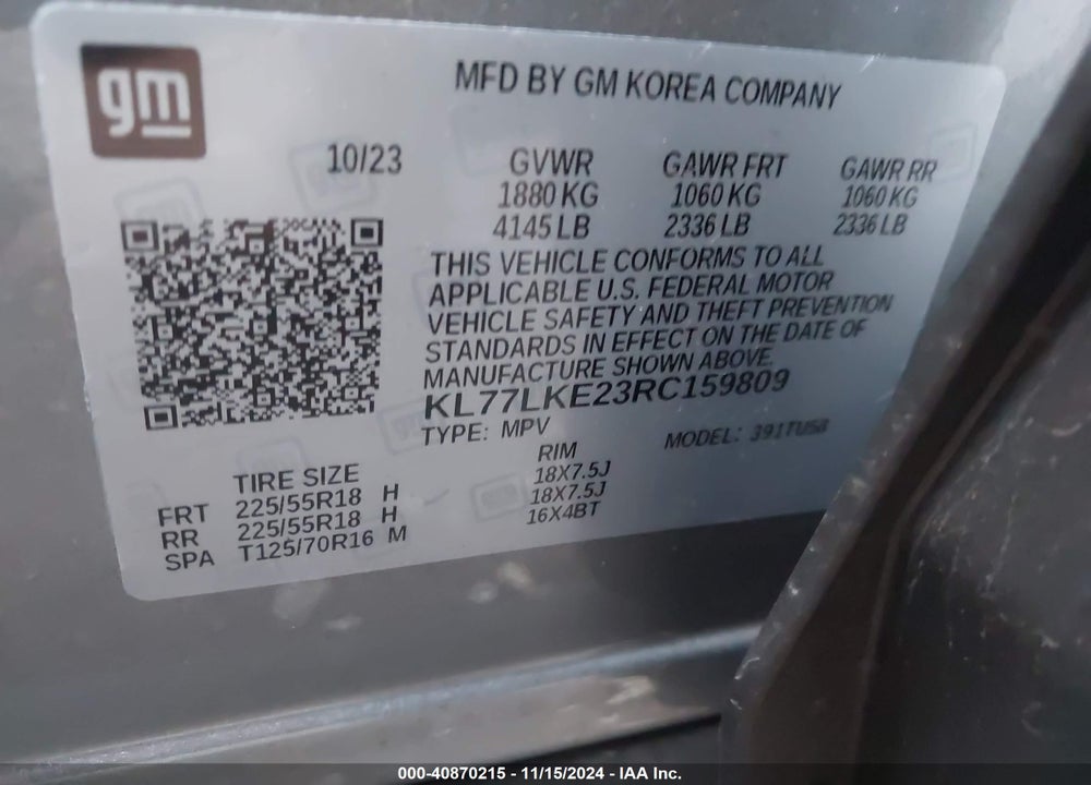 2024 CHEVROLET TRAX FWD ACTIV VIN: KL77LKE23RC159809