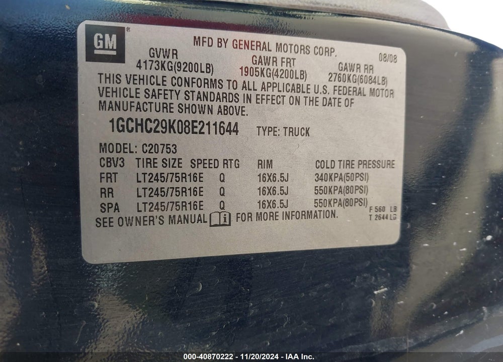 2008 CHEVROLET SILVERADO 2500HD WORK TRUCK VIN: 1GCHC29K08E211644