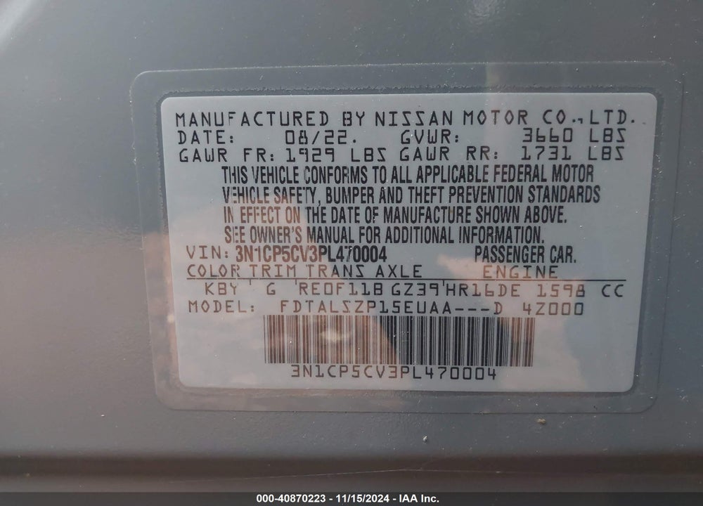 2023 NISSAN KICKS SV XTRONIC CVT VIN: 3N1CP5CV3PL470004