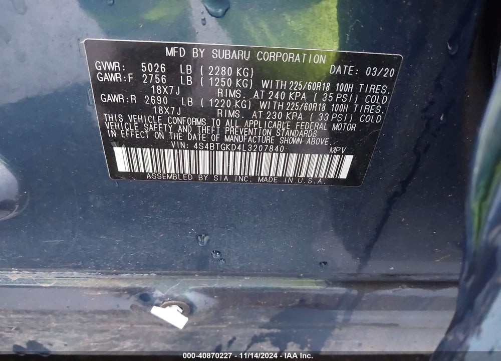 2020 SUBARU OUTBACK ONYX EDITION XT VIN: 4S4BTGKD4L3207840