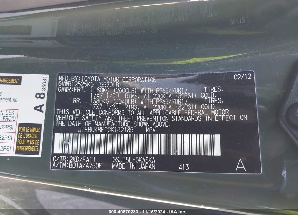 2012 TOYOTA FJ CRUISER VIN: JTEBU4BF2CK132185