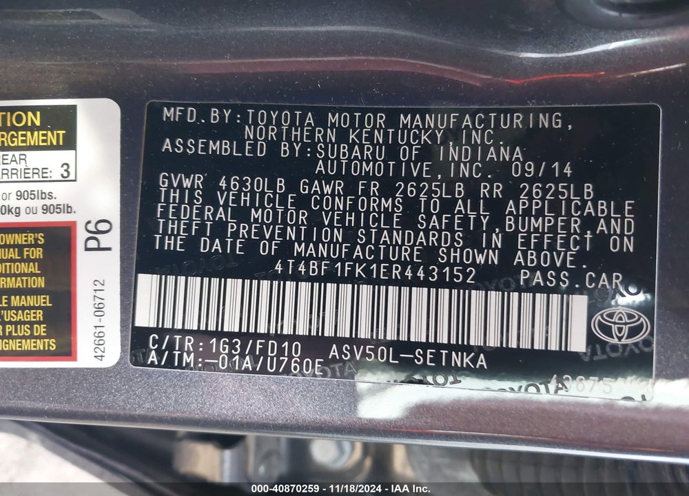 2014 TOYOTA CAMRY LE VIN: 4T4BF1FK1ER443152