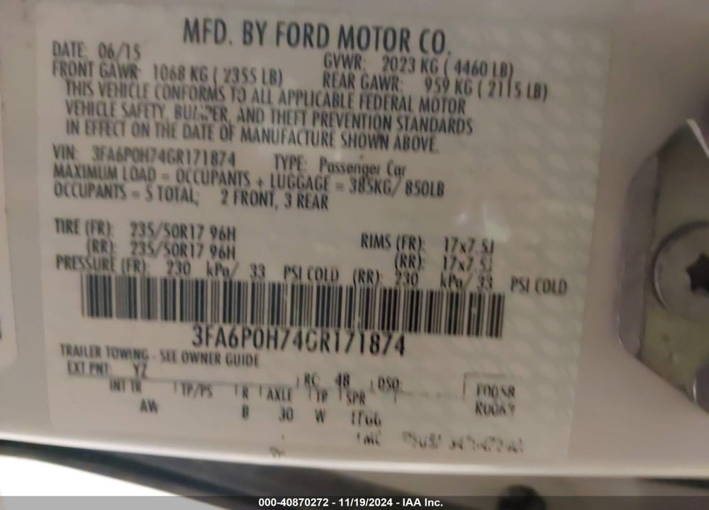 2016 FORD FUSION SE VIN: 3FA6P0H74GR171874