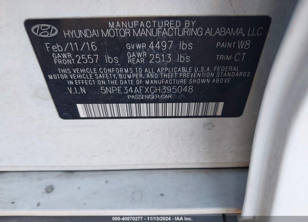 2016 HYUNDAI SONATA SPORT VIN: 5NPE34AFXGH395048
