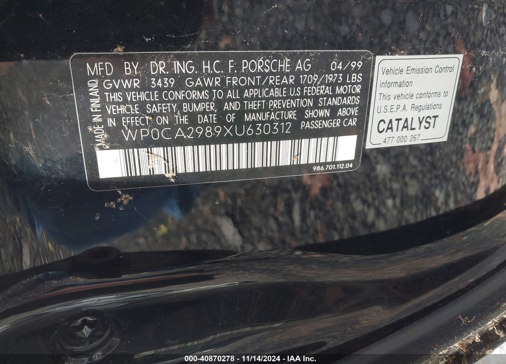 1999 PORSCHE BOXSTER VIN: WP0CA2989XU630312