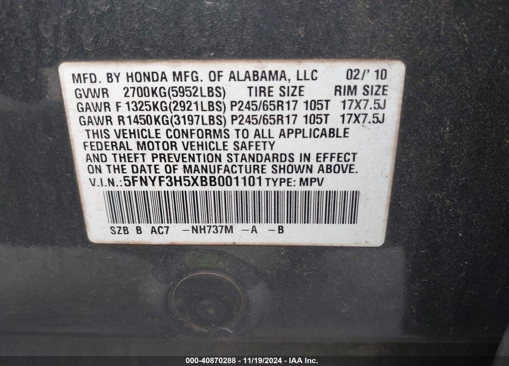 2011 HONDA PILOT EX-L VIN: 5FNYF3H5XBB001101