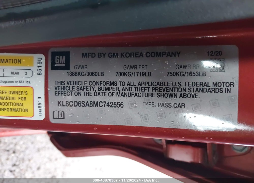 2021 CHEVROLET SPARK FWD 1LT AUTOMATIC VIN: KL8CD6SA8MC742556