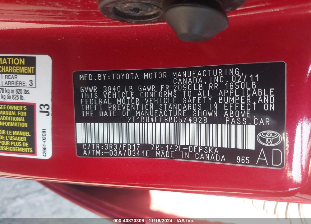 2011 TOYOTA COROLLA S VIN: 2T1BU4EE8BC574928