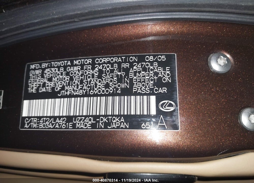 2006 LEXUS SC 430 VIN: JTHFN48Y169000914
