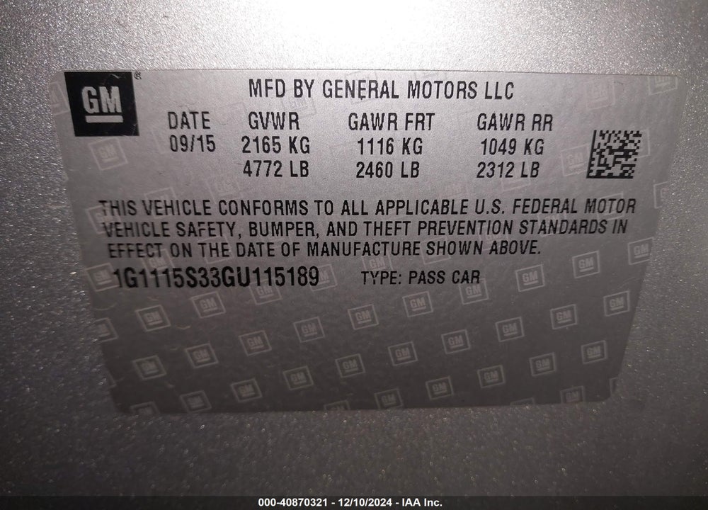 2016 CHEVROLET IMPALA 2LT VIN: 1G1115S33GU115189