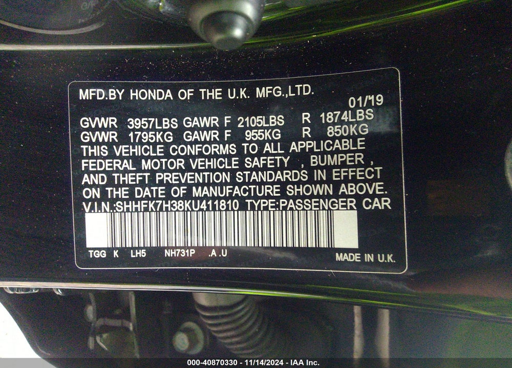 2019 HONDA CIVIC LX VIN: SHHFK7H38KU411810