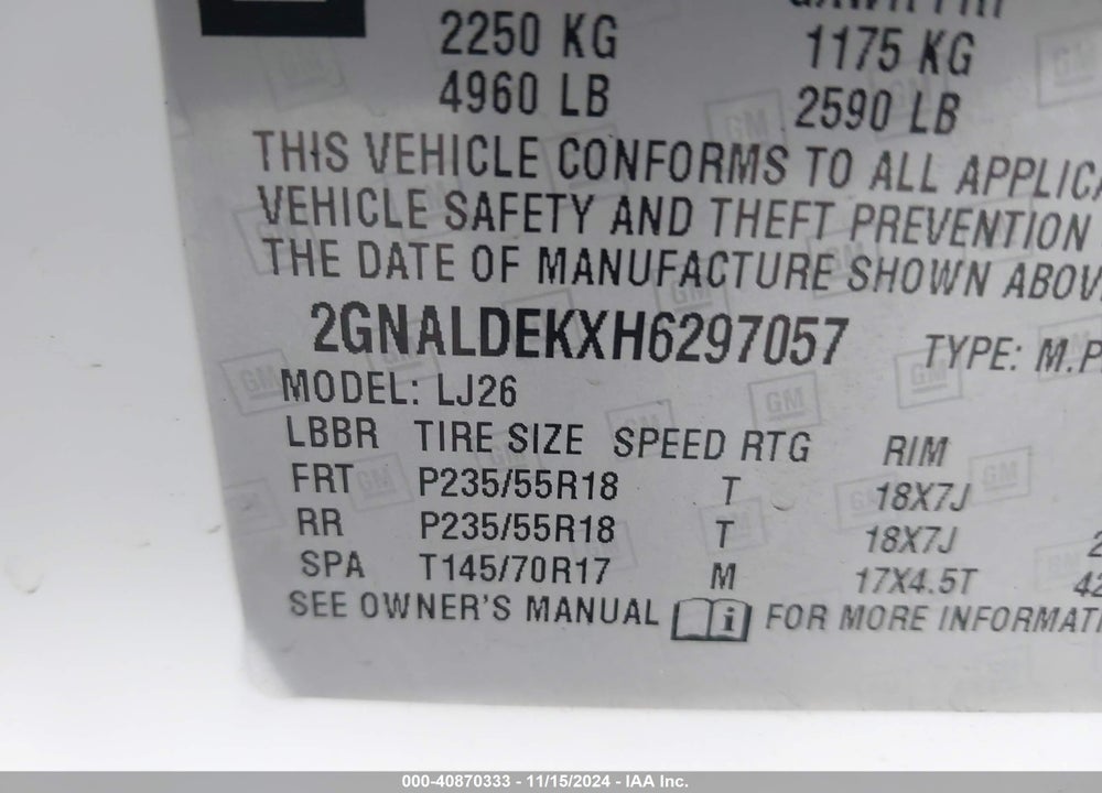 2017 CHEVROLET EQUINOX PREMIER VIN: 2GNALDEKXH6297057